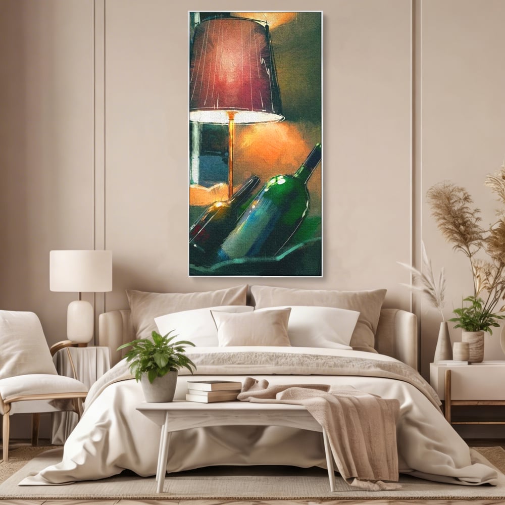 Tablou Canvas Premium, LuxCanva® N1094, Ganduri in Miez de Noapte, Sticle, Vin Rosu, Bautura, Lampa, Lumina, Cozy, Rasfat, Seara, Pub, Lounge, Bar, Restaurant, Bucatarie
