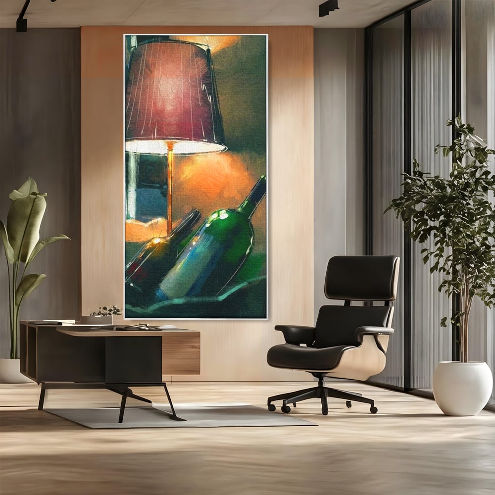 Tablou Canvas Premium, LuxCanva® N1094, Ganduri in Miez de Noapte, Sticle, Vin Rosu, Bautura, Lampa, Lumina, Cozy, Rasfat, Seara, Pub, Lounge, Bar, Restaurant, Bucatarie