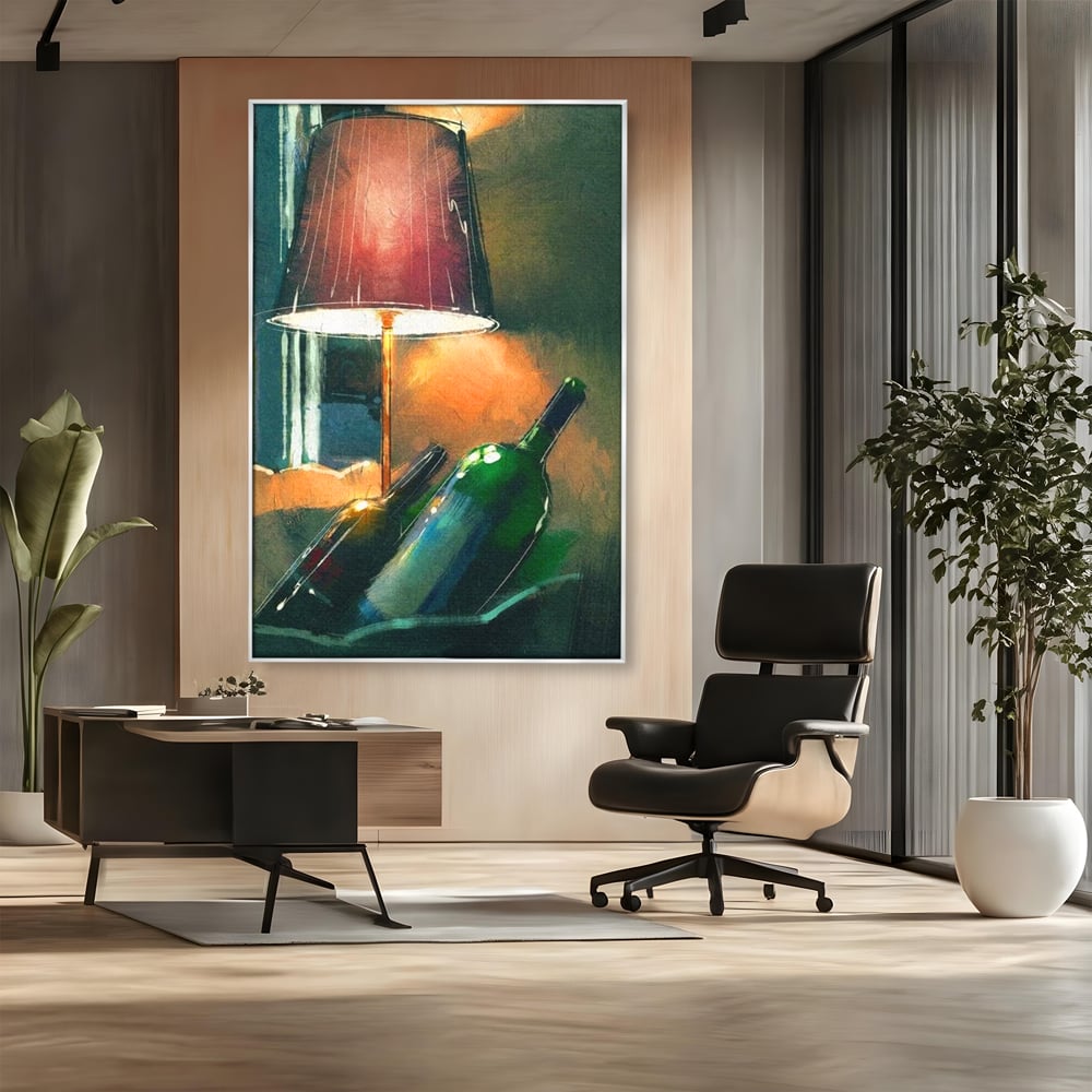 Tablou Canvas Premium, LuxCanva® N1094, Ganduri in Miez de Noapte, Sticle, Vin Rosu, Bautura, Lampa, Lumina, Cozy, Rasfat, Seara, Pub, Lounge, Bar, Restaurant, Bucatarie