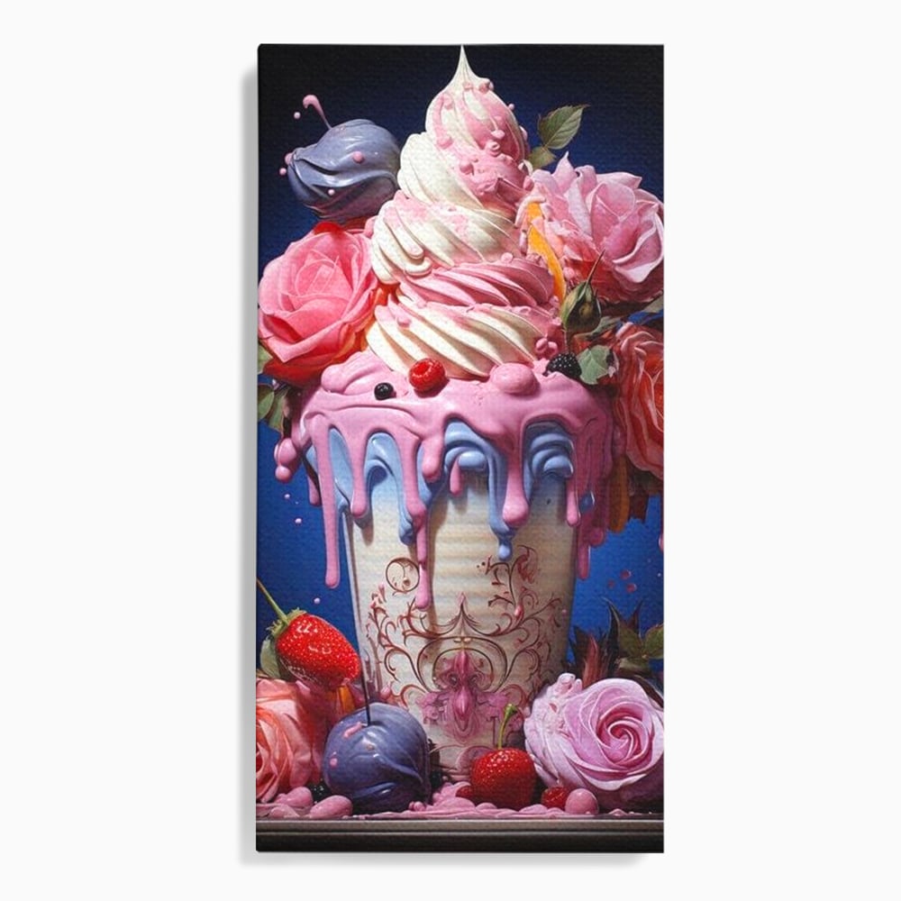 Leinwand Premium Canvas Wall Art, LuxCanva® N1095, Sweet Fancy, Eiscreme, Schlagsahne, Schlagsahne, süß, Dessert, Erdbeeren, Rosen, Marshmallows, Kuchen, Eiscreme, ausgefallen, Konditorei, Restaurant, Küche