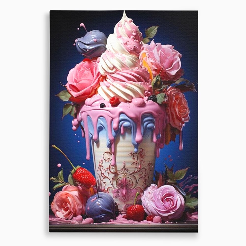 Leinwand Premium Canvas Wall Art, LuxCanva® N1095, Sweet Fancy, Eiscreme, Schlagsahne, Schlagsahne, süß, Dessert, Erdbeeren, Rosen, Marshmallows, Kuchen, Eiscreme, ausgefallen, Konditorei, Restaurant, Küche