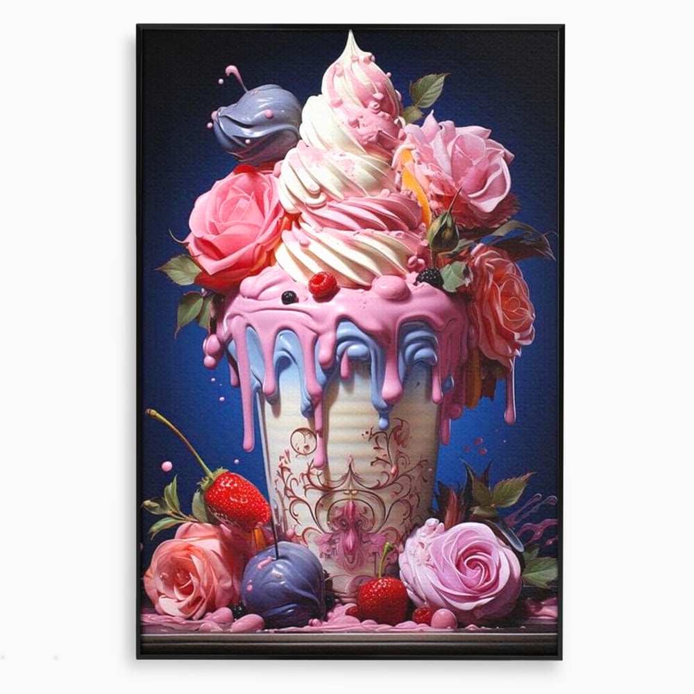 Leinwand Premium Canvas Wall Art, LuxCanva® N1095, Sweet Fancy, Eiscreme, Schlagsahne, Schlagsahne, süß, Dessert, Erdbeeren, Rosen, Marshmallows, Kuchen, Eiscreme, ausgefallen, Konditorei, Restaurant, Küche