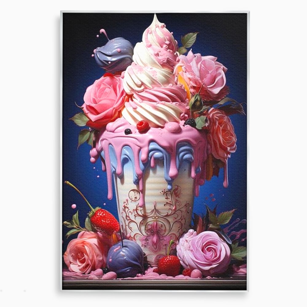 Leinwand Premium Canvas Wall Art, LuxCanva® N1095, Sweet Fancy, Eiscreme, Schlagsahne, Schlagsahne, süß, Dessert, Erdbeeren, Rosen, Marshmallows, Kuchen, Eiscreme, ausgefallen, Konditorei, Restaurant, Küche