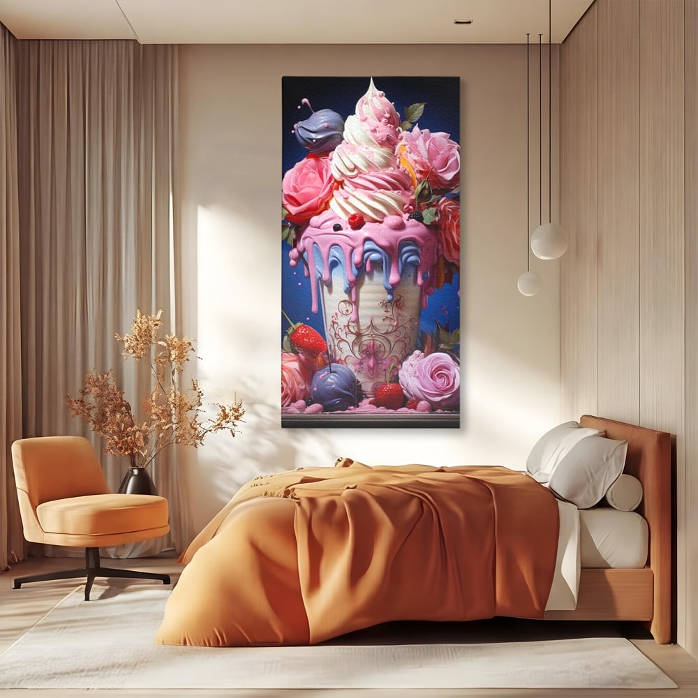 Leinwand Premium Canvas Wall Art, LuxCanva® N1095, Sweet Fancy, Eiscreme, Schlagsahne, Schlagsahne, süß, Dessert, Erdbeeren, Rosen, Marshmallows, Kuchen, Eiscreme, ausgefallen, Konditorei, Restaurant, Küche