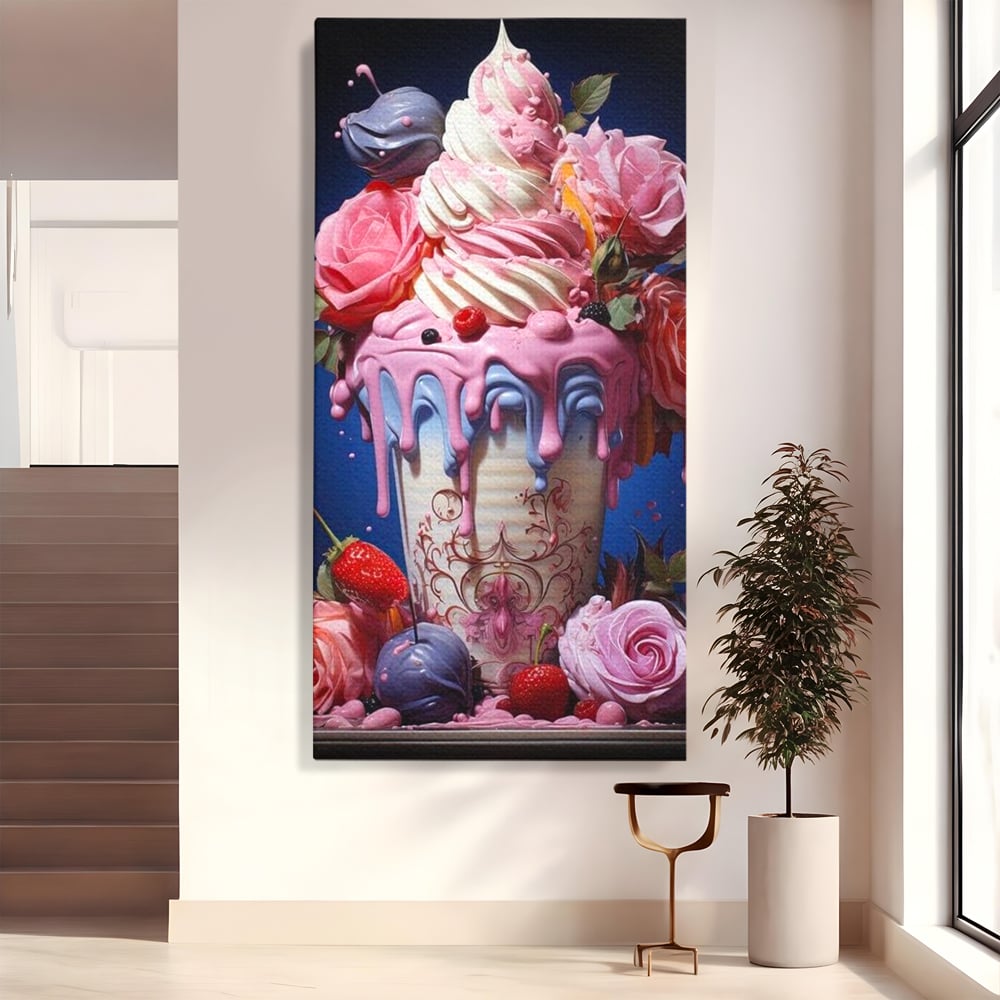 Leinwand Premium Canvas Wall Art, LuxCanva® N1095, Sweet Fancy, Eiscreme, Schlagsahne, Schlagsahne, süß, Dessert, Erdbeeren, Rosen, Marshmallows, Kuchen, Eiscreme, ausgefallen, Konditorei, Restaurant, Küche