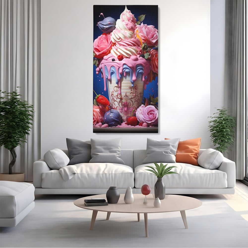 Leinwand Premium Canvas Wall Art, LuxCanva® N1095, Sweet Fancy, Eiscreme, Schlagsahne, Schlagsahne, süß, Dessert, Erdbeeren, Rosen, Marshmallows, Kuchen, Eiscreme, ausgefallen, Konditorei, Restaurant, Küche