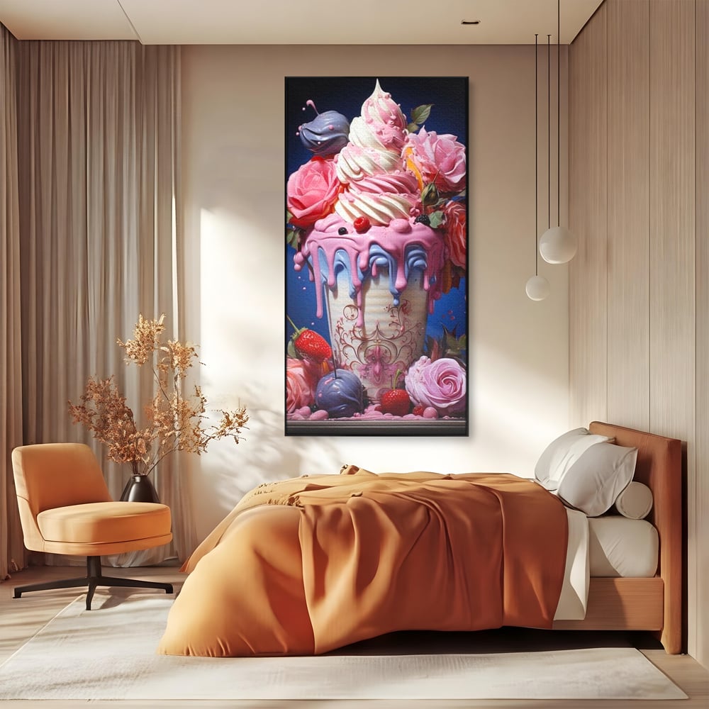 Leinwand Premium Canvas Wall Art, LuxCanva® N1095, Sweet Fancy, Eiscreme, Schlagsahne, Schlagsahne, süß, Dessert, Erdbeeren, Rosen, Marshmallows, Kuchen, Eiscreme, ausgefallen, Konditorei, Restaurant, Küche