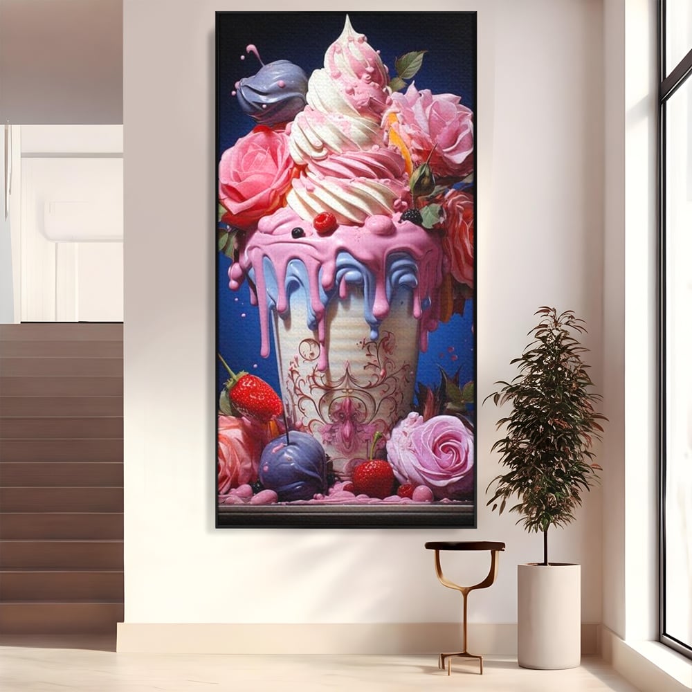 Leinwand Premium Canvas Wall Art, LuxCanva® N1095, Sweet Fancy, Eiscreme, Schlagsahne, Schlagsahne, süß, Dessert, Erdbeeren, Rosen, Marshmallows, Kuchen, Eiscreme, ausgefallen, Konditorei, Restaurant, Küche