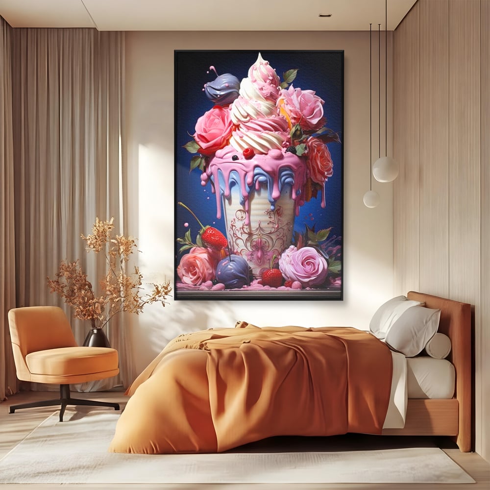 Leinwand Premium Canvas Wall Art, LuxCanva® N1095, Sweet Fancy, Eiscreme, Schlagsahne, Schlagsahne, süß, Dessert, Erdbeeren, Rosen, Marshmallows, Kuchen, Eiscreme, ausgefallen, Konditorei, Restaurant, Küche