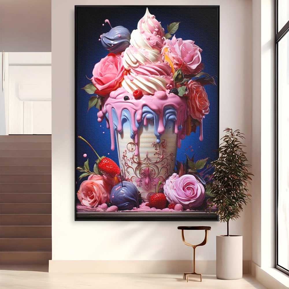 Leinwand Premium Canvas Wall Art, LuxCanva® N1095, Sweet Fancy, Eiscreme, Schlagsahne, Schlagsahne, süß, Dessert, Erdbeeren, Rosen, Marshmallows, Kuchen, Eiscreme, ausgefallen, Konditorei, Restaurant, Küche