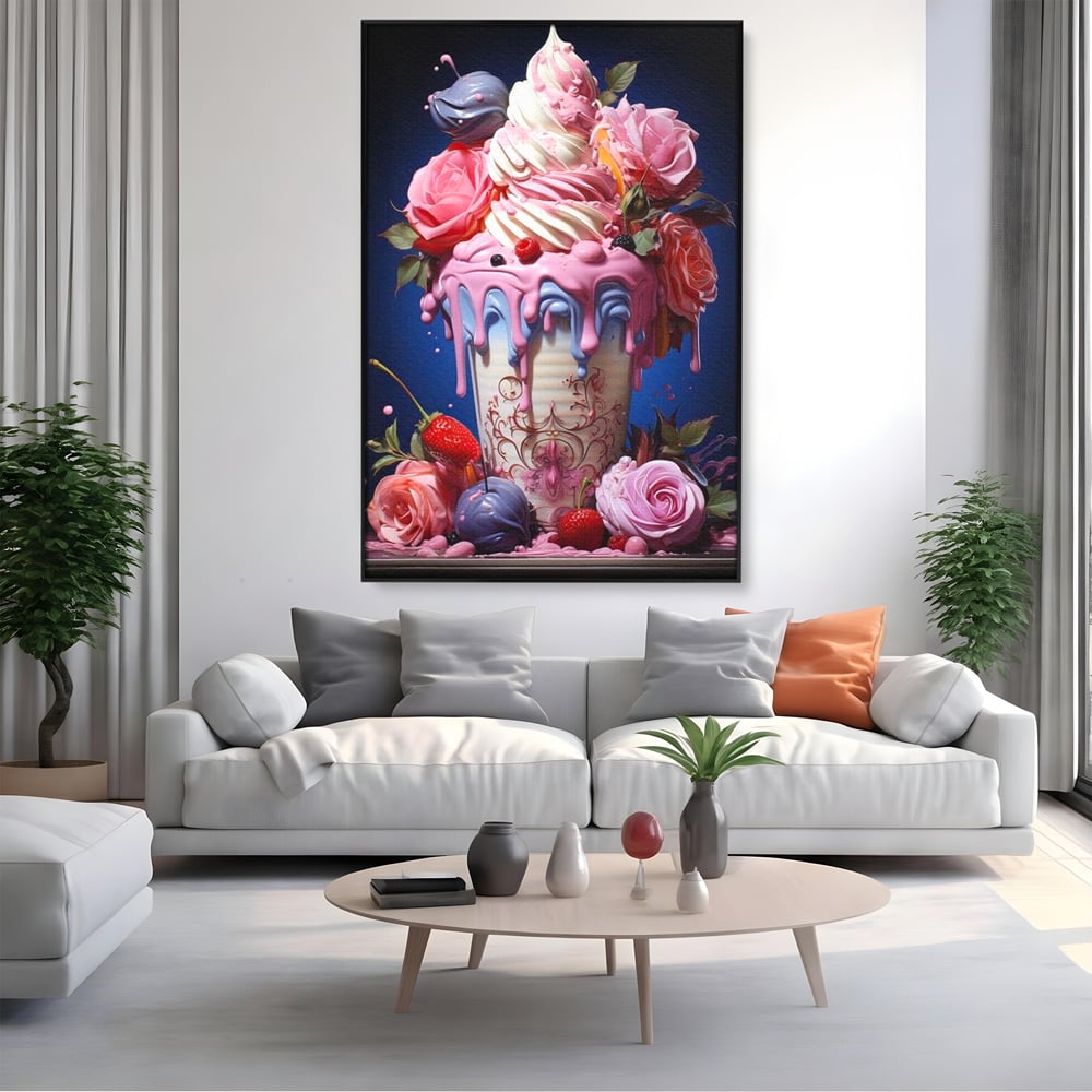 Leinwand Premium Canvas Wall Art, LuxCanva® N1095, Sweet Fancy, Eiscreme, Schlagsahne, Schlagsahne, süß, Dessert, Erdbeeren, Rosen, Marshmallows, Kuchen, Eiscreme, ausgefallen, Konditorei, Restaurant, Küche