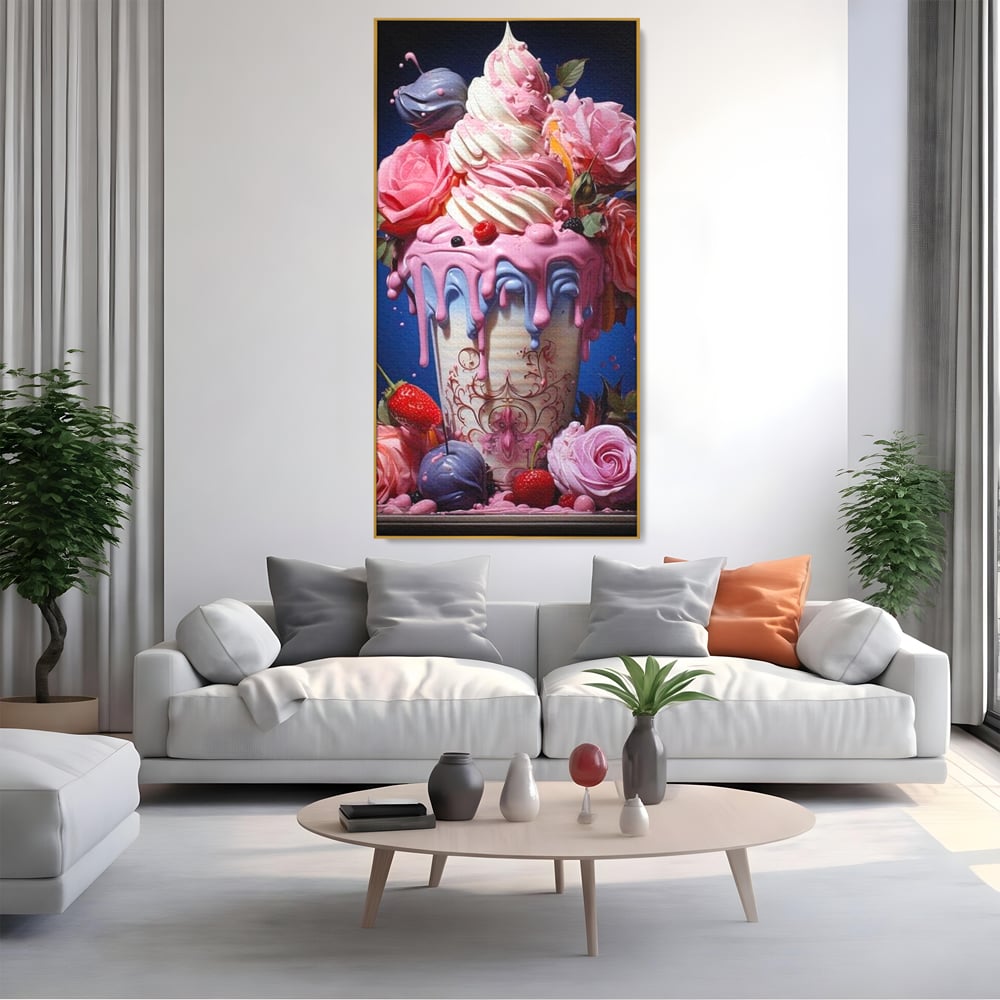 Leinwand Premium Canvas Wall Art, LuxCanva® N1095, Sweet Fancy, Eiscreme, Schlagsahne, Schlagsahne, süß, Dessert, Erdbeeren, Rosen, Marshmallows, Kuchen, Eiscreme, ausgefallen, Konditorei, Restaurant, Küche