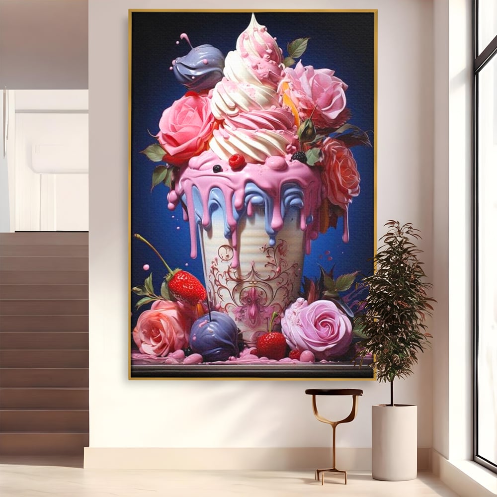 Leinwand Premium Canvas Wall Art, LuxCanva® N1095, Sweet Fancy, Eiscreme, Schlagsahne, Schlagsahne, süß, Dessert, Erdbeeren, Rosen, Marshmallows, Kuchen, Eiscreme, ausgefallen, Konditorei, Restaurant, Küche