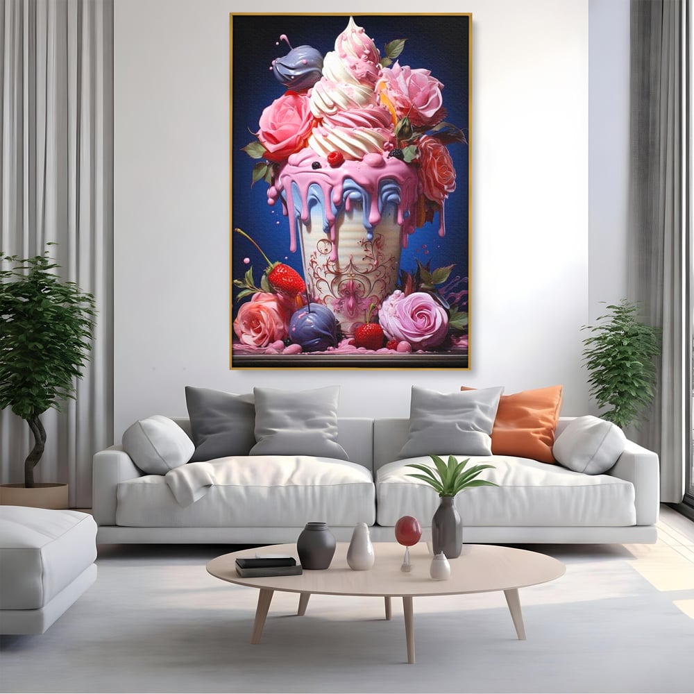 Leinwand Premium Canvas Wall Art, LuxCanva® N1095, Sweet Fancy, Eiscreme, Schlagsahne, Schlagsahne, süß, Dessert, Erdbeeren, Rosen, Marshmallows, Kuchen, Eiscreme, ausgefallen, Konditorei, Restaurant, Küche