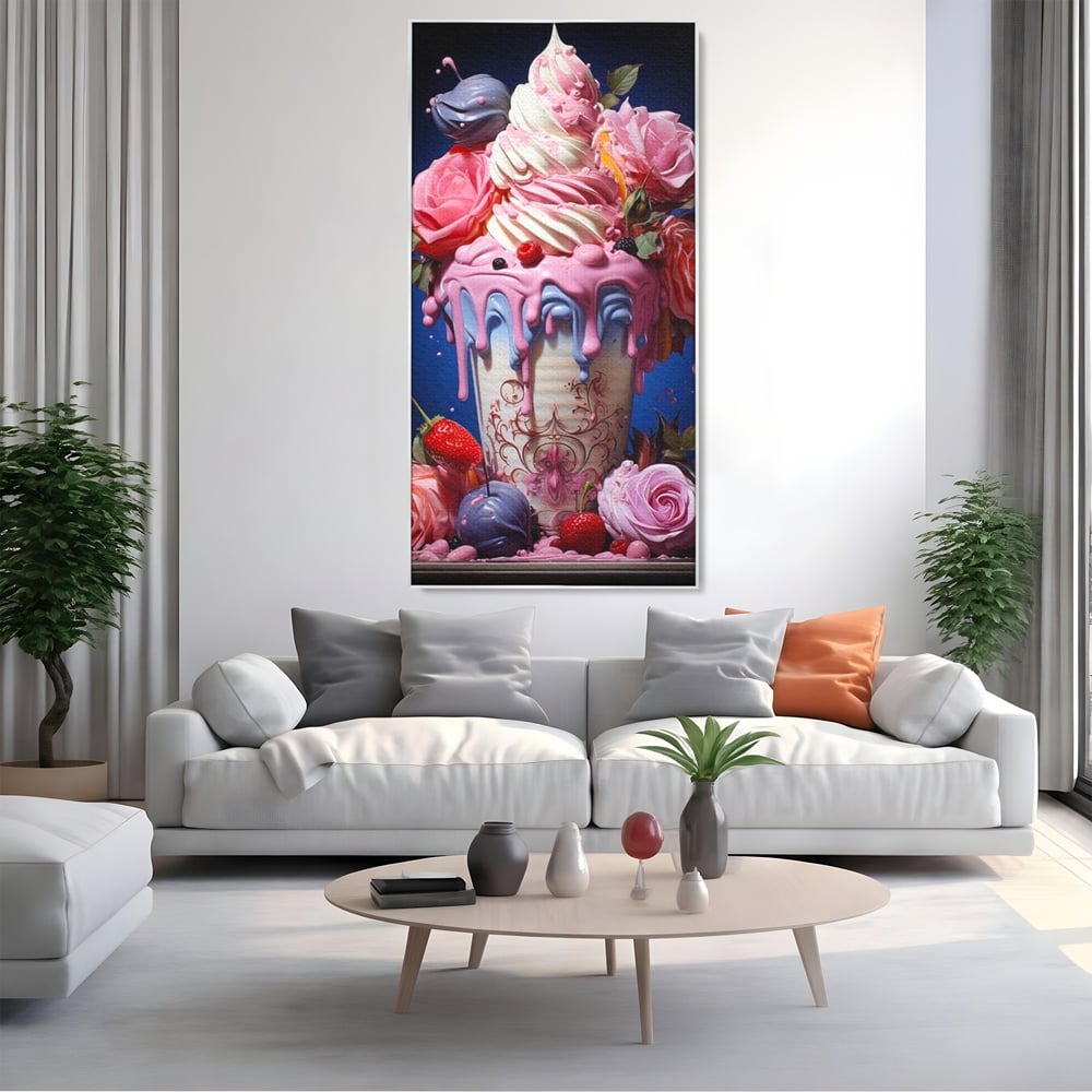 Leinwand Premium Canvas Wall Art, LuxCanva® N1095, Sweet Fancy, Eiscreme, Schlagsahne, Schlagsahne, süß, Dessert, Erdbeeren, Rosen, Marshmallows, Kuchen, Eiscreme, ausgefallen, Konditorei, Restaurant, Küche