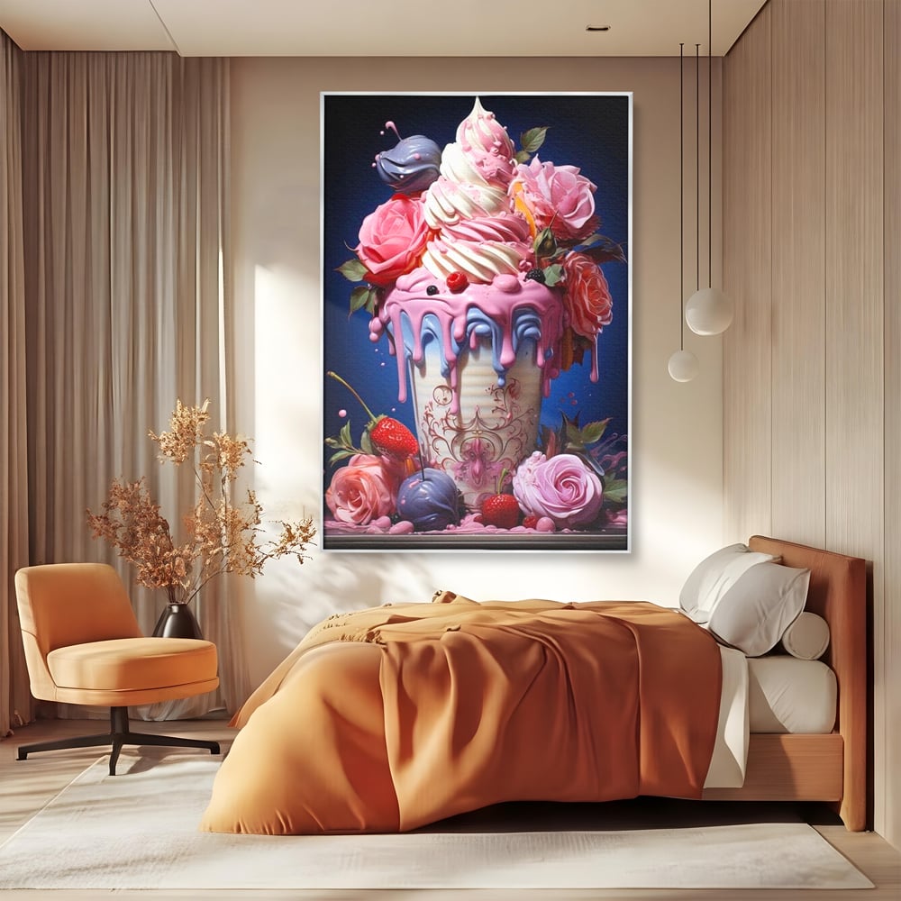 Leinwand Premium Canvas Wall Art, LuxCanva® N1095, Sweet Fancy, Eiscreme, Schlagsahne, Schlagsahne, süß, Dessert, Erdbeeren, Rosen, Marshmallows, Kuchen, Eiscreme, ausgefallen, Konditorei, Restaurant, Küche