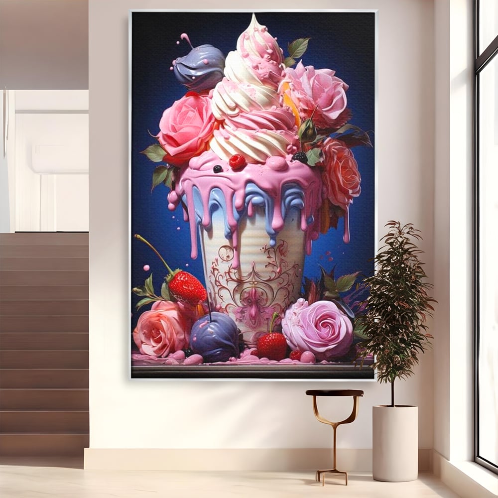 Leinwand Premium Canvas Wall Art, LuxCanva® N1095, Sweet Fancy, Eiscreme, Schlagsahne, Schlagsahne, süß, Dessert, Erdbeeren, Rosen, Marshmallows, Kuchen, Eiscreme, ausgefallen, Konditorei, Restaurant, Küche