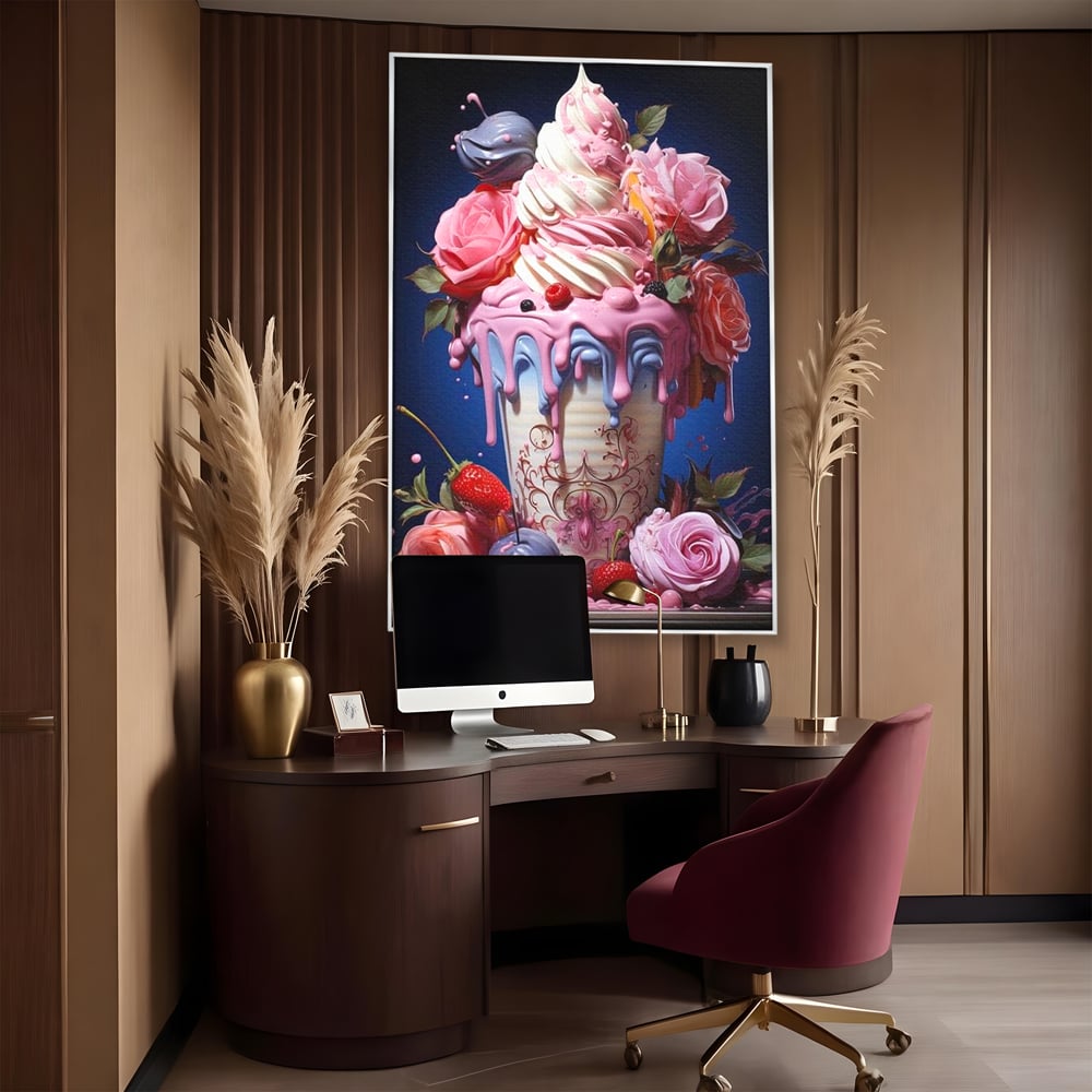 Leinwand Premium Canvas Wall Art, LuxCanva® N1095, Sweet Fancy, Eiscreme, Schlagsahne, Schlagsahne, süß, Dessert, Erdbeeren, Rosen, Marshmallows, Kuchen, Eiscreme, ausgefallen, Konditorei, Restaurant, Küche