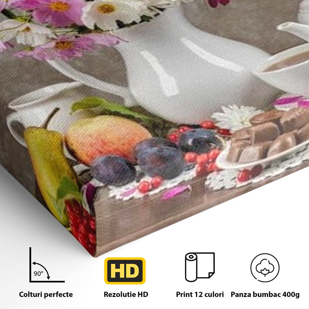Tablou Canvas Premium, LuxCanva® N1096, Masa cu Parfum Dulce, Buchet, Flori, Vaza, Fructe, Desert, Praline, Ciocolata, Bomboane, Cafea, Espresso, Cafenea, Cofetarie, Restaurant, Bucatarie