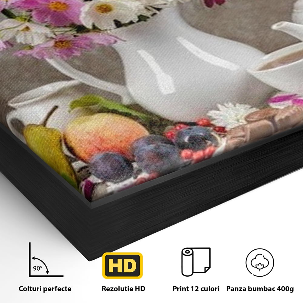 Tablou Canvas Premium, LuxCanva® N1096, Masa cu Parfum Dulce, Buchet, Flori, Vaza, Fructe, Desert, Praline, Ciocolata, Bomboane, Cafea, Espresso, Cafenea, Cofetarie, Restaurant, Bucatarie