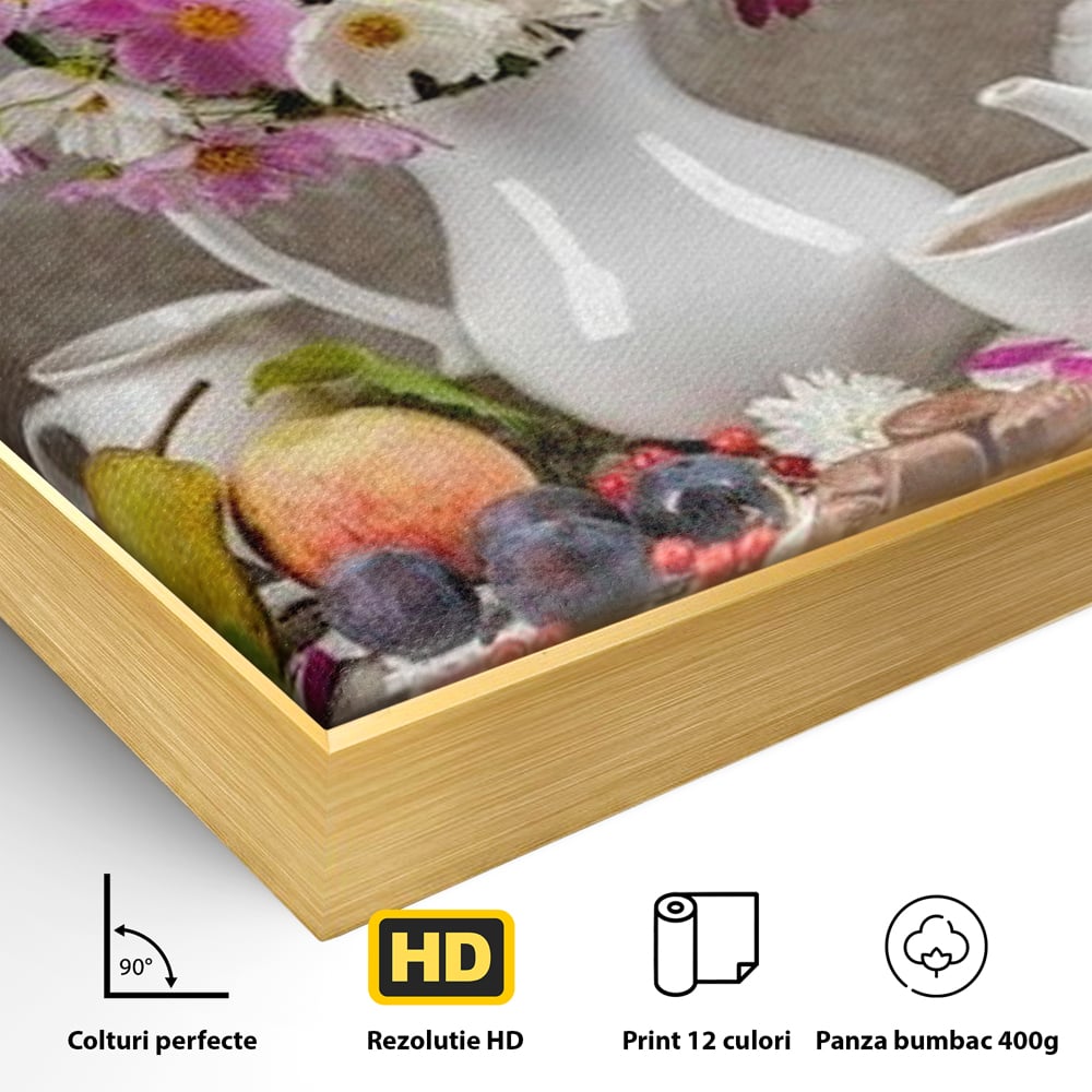 Tablou Canvas Premium, LuxCanva® N1096, Masa cu Parfum Dulce, Buchet, Flori, Vaza, Fructe, Desert, Praline, Ciocolata, Bomboane, Cafea, Espresso, Cafenea, Cofetarie, Restaurant, Bucatarie