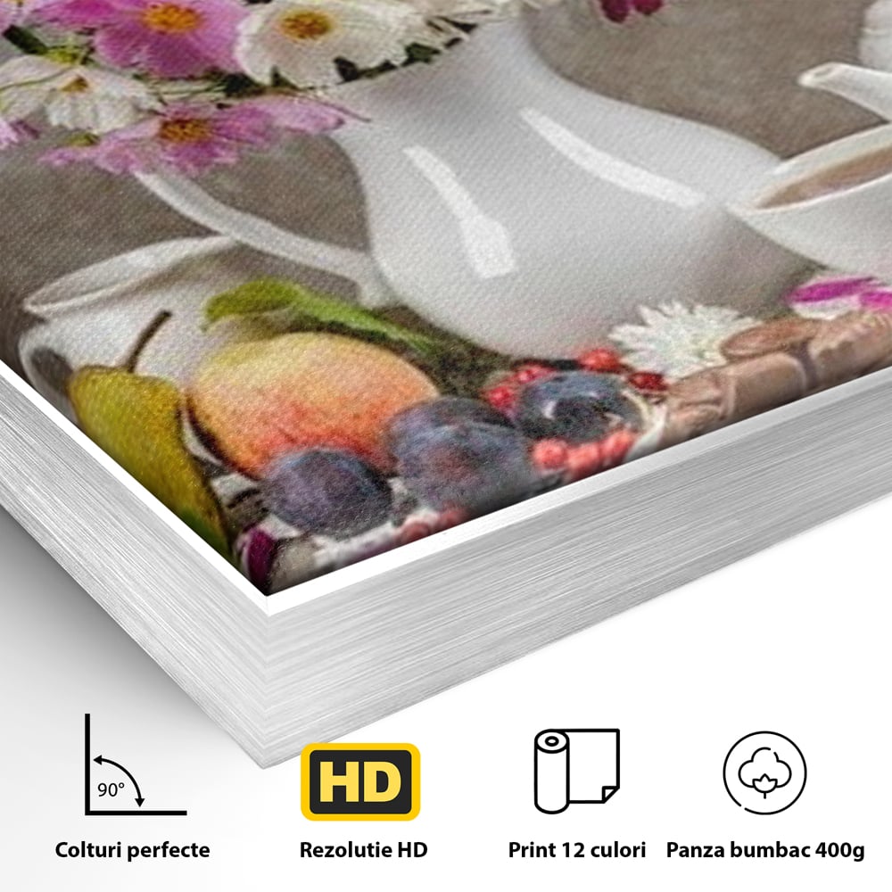 Tablou Canvas Premium, LuxCanva® N1096, Masa cu Parfum Dulce, Buchet, Flori, Vaza, Fructe, Desert, Praline, Ciocolata, Bomboane, Cafea, Espresso, Cafenea, Cofetarie, Restaurant, Bucatarie