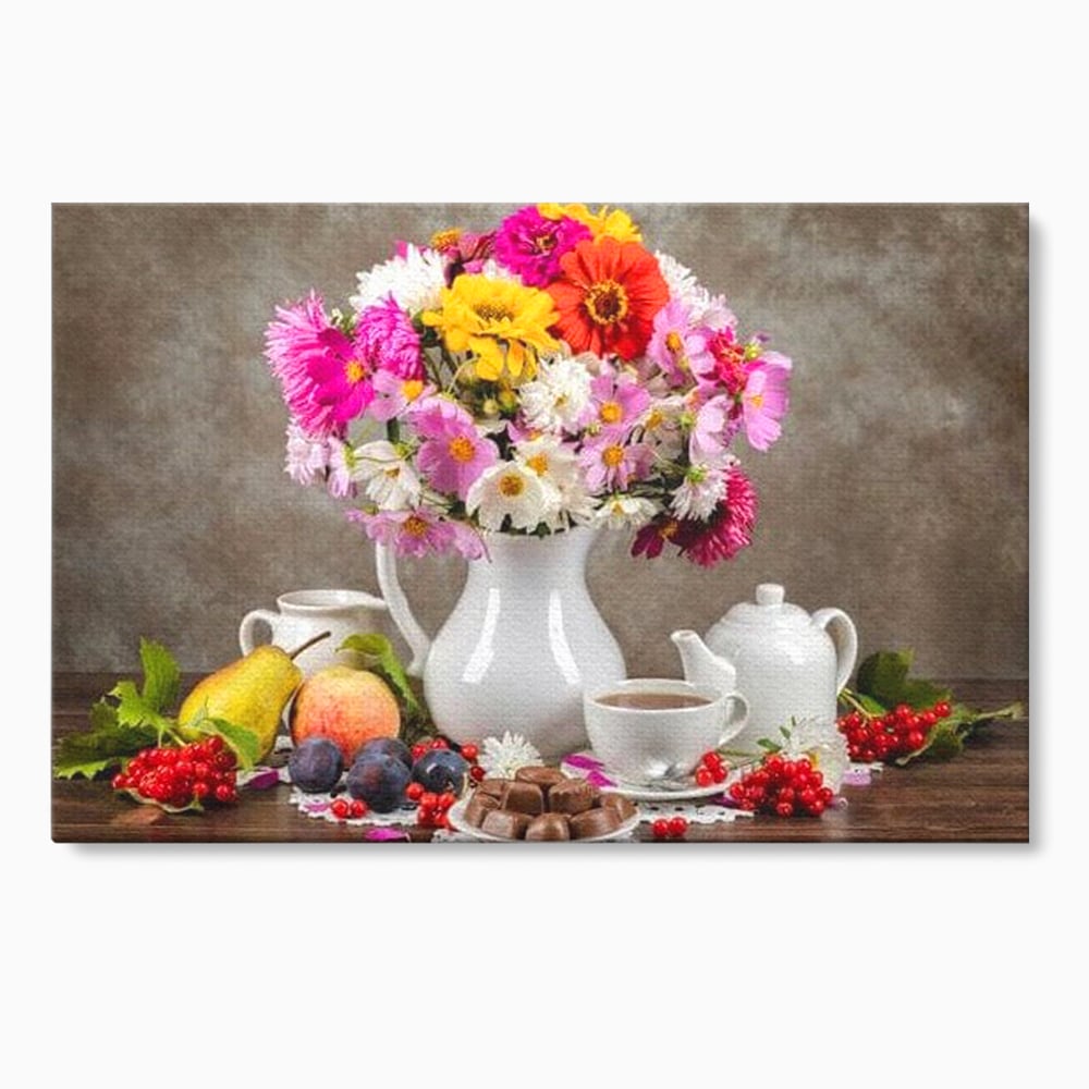 Tablou Canvas Premium, LuxCanva® N1096, Masa cu Parfum Dulce, Buchet, Flori, Vaza, Fructe, Desert, Praline, Ciocolata, Bomboane, Cafea, Espresso, Cafenea, Cofetarie, Restaurant, Bucatarie