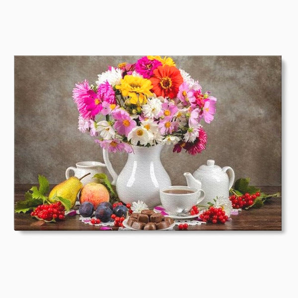 Tablou Canvas Premium, LuxCanva® N1096, Masa cu Parfum Dulce, Buchet, Flori, Vaza, Fructe, Desert, Praline, Ciocolata, Bomboane, Cafea, Espresso, Cafenea, Cofetarie, Restaurant, Bucatarie