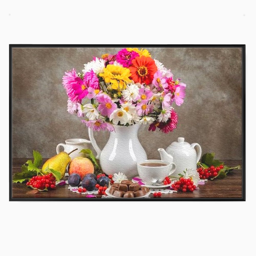 Tablou Canvas Premium, LuxCanva® N1096, Masa cu Parfum Dulce, Buchet, Flori, Vaza, Fructe, Desert, Praline, Ciocolata, Bomboane, Cafea, Espresso, Cafenea, Cofetarie, Restaurant, Bucatarie