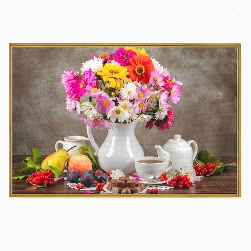 Tablou Canvas Premium, LuxCanva® N1096, Masa cu Parfum Dulce, Buchet, Flori, Vaza, Fructe, Desert, Praline, Ciocolata, Bomboane, Cafea, Espresso, Cafenea, Cofetarie, Restaurant, Bucatarie