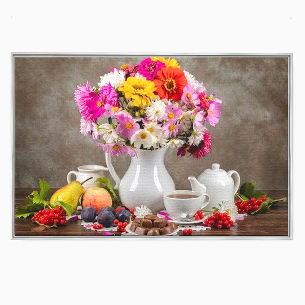 Tablou Canvas Premium, LuxCanva® N1096, Masa cu Parfum Dulce, Buchet, Flori, Vaza, Fructe, Desert, Praline, Ciocolata, Bomboane, Cafea, Espresso, Cafenea, Cofetarie, Restaurant, Bucatarie