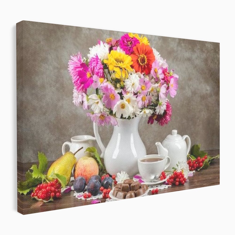 Tablou Canvas Premium, LuxCanva® N1096, Masa cu Parfum Dulce, Buchet, Flori, Vaza, Fructe, Desert, Praline, Ciocolata, Bomboane, Cafea, Espresso, Cafenea, Cofetarie, Restaurant, Bucatarie