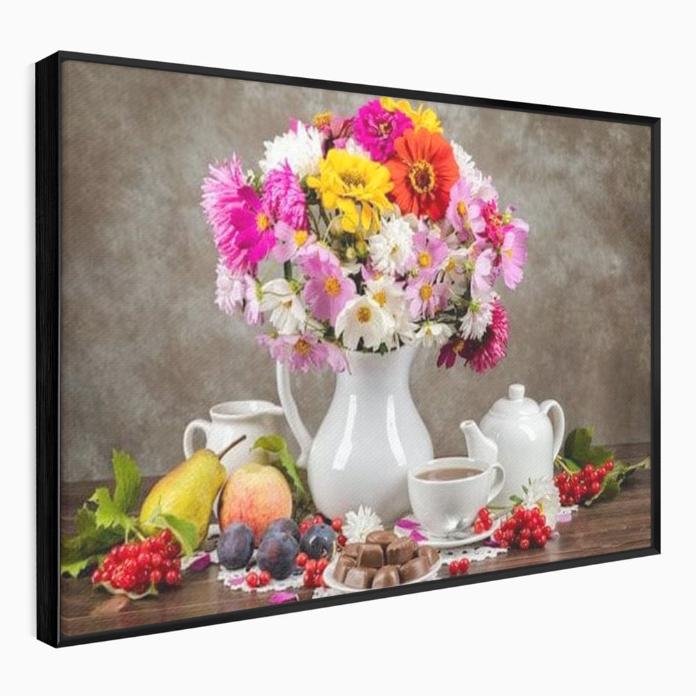Tablou Canvas Premium, LuxCanva® N1096, Masa cu Parfum Dulce, Buchet, Flori, Vaza, Fructe, Desert, Praline, Ciocolata, Bomboane, Cafea, Espresso, Cafenea, Cofetarie, Restaurant, Bucatarie