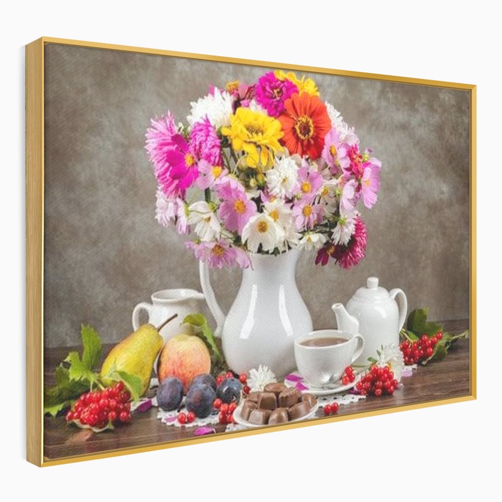 Tablou Canvas Premium, LuxCanva® N1096, Masa cu Parfum Dulce, Buchet, Flori, Vaza, Fructe, Desert, Praline, Ciocolata, Bomboane, Cafea, Espresso, Cafenea, Cofetarie, Restaurant, Bucatarie