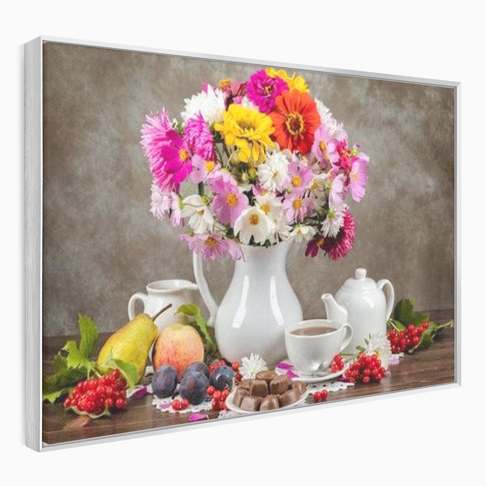 Tablou Canvas Premium, LuxCanva® N1096, Masa cu Parfum Dulce, Buchet, Flori, Vaza, Fructe, Desert, Praline, Ciocolata, Bomboane, Cafea, Espresso, Cafenea, Cofetarie, Restaurant, Bucatarie