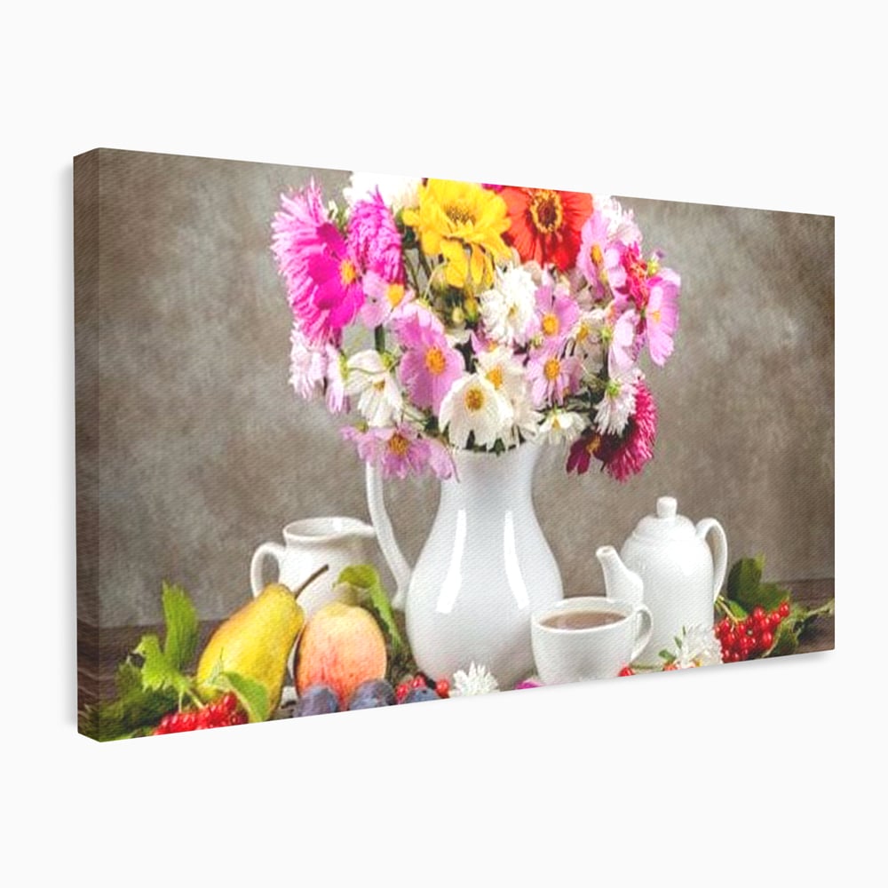 Tablou Canvas Premium, LuxCanva® N1096, Masa cu Parfum Dulce, Buchet, Flori, Vaza, Fructe, Desert, Praline, Ciocolata, Bomboane, Cafea, Espresso, Cafenea, Cofetarie, Restaurant, Bucatarie