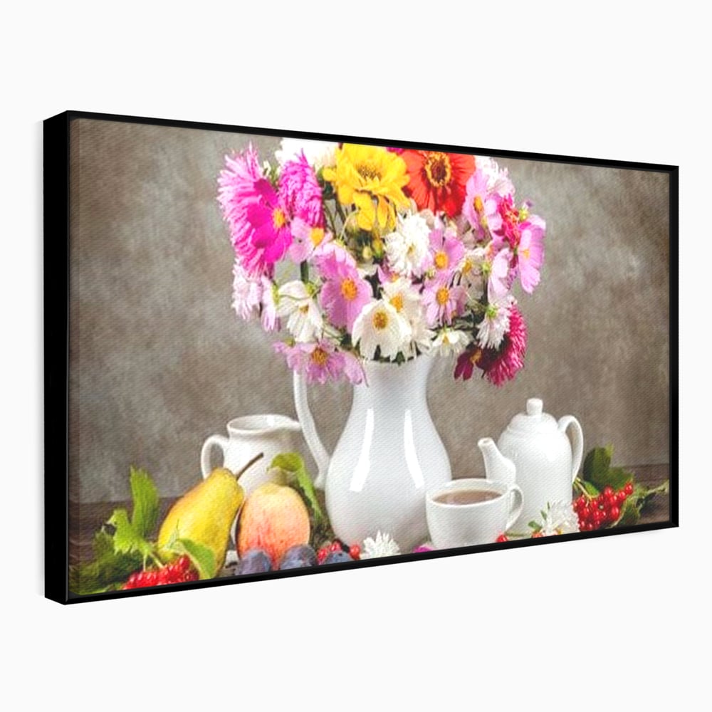 Tablou Canvas Premium, LuxCanva® N1096, Masa cu Parfum Dulce, Buchet, Flori, Vaza, Fructe, Desert, Praline, Ciocolata, Bomboane, Cafea, Espresso, Cafenea, Cofetarie, Restaurant, Bucatarie