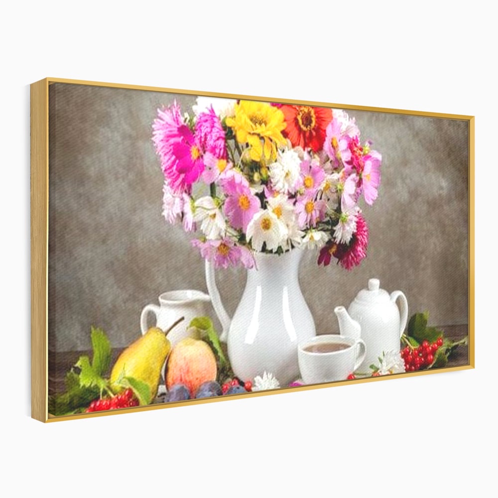 Tablou Canvas Premium, LuxCanva® N1096, Masa cu Parfum Dulce, Buchet, Flori, Vaza, Fructe, Desert, Praline, Ciocolata, Bomboane, Cafea, Espresso, Cafenea, Cofetarie, Restaurant, Bucatarie