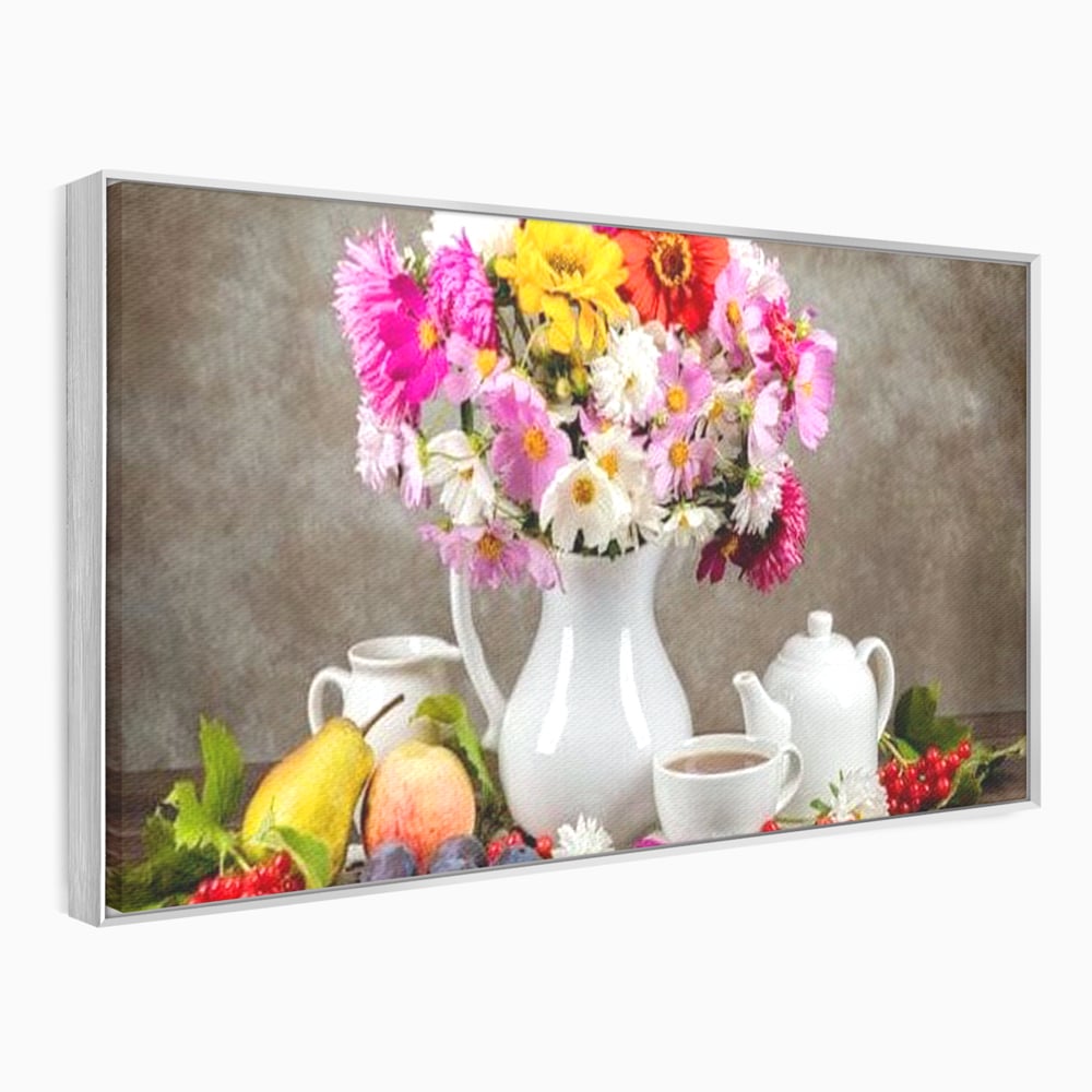 Tablou Canvas Premium, LuxCanva® N1096, Masa cu Parfum Dulce, Buchet, Flori, Vaza, Fructe, Desert, Praline, Ciocolata, Bomboane, Cafea, Espresso, Cafenea, Cofetarie, Restaurant, Bucatarie