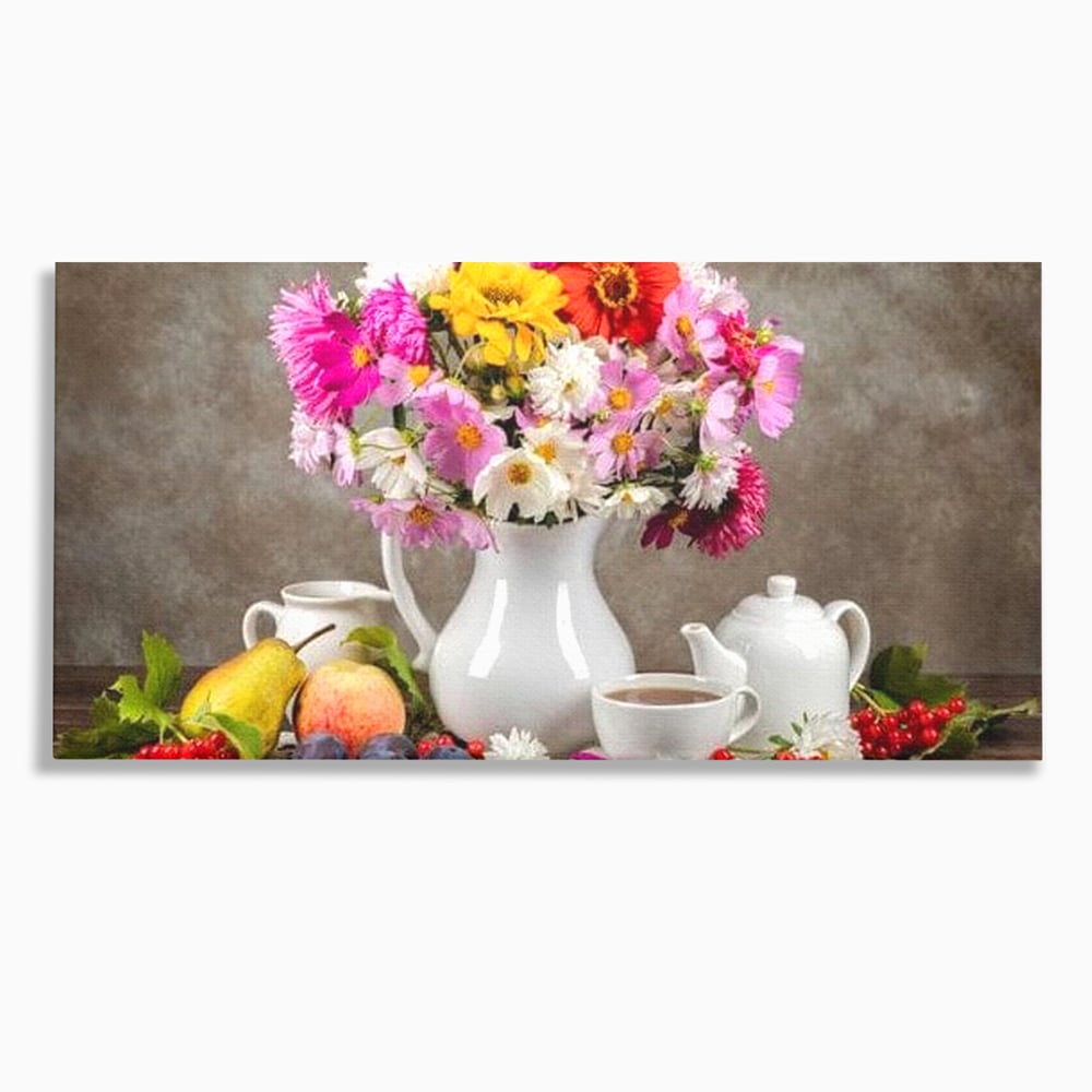 Tablou Canvas Premium, LuxCanva® N1096, Masa cu Parfum Dulce, Buchet, Flori, Vaza, Fructe, Desert, Praline, Ciocolata, Bomboane, Cafea, Espresso, Cafenea, Cofetarie, Restaurant, Bucatarie