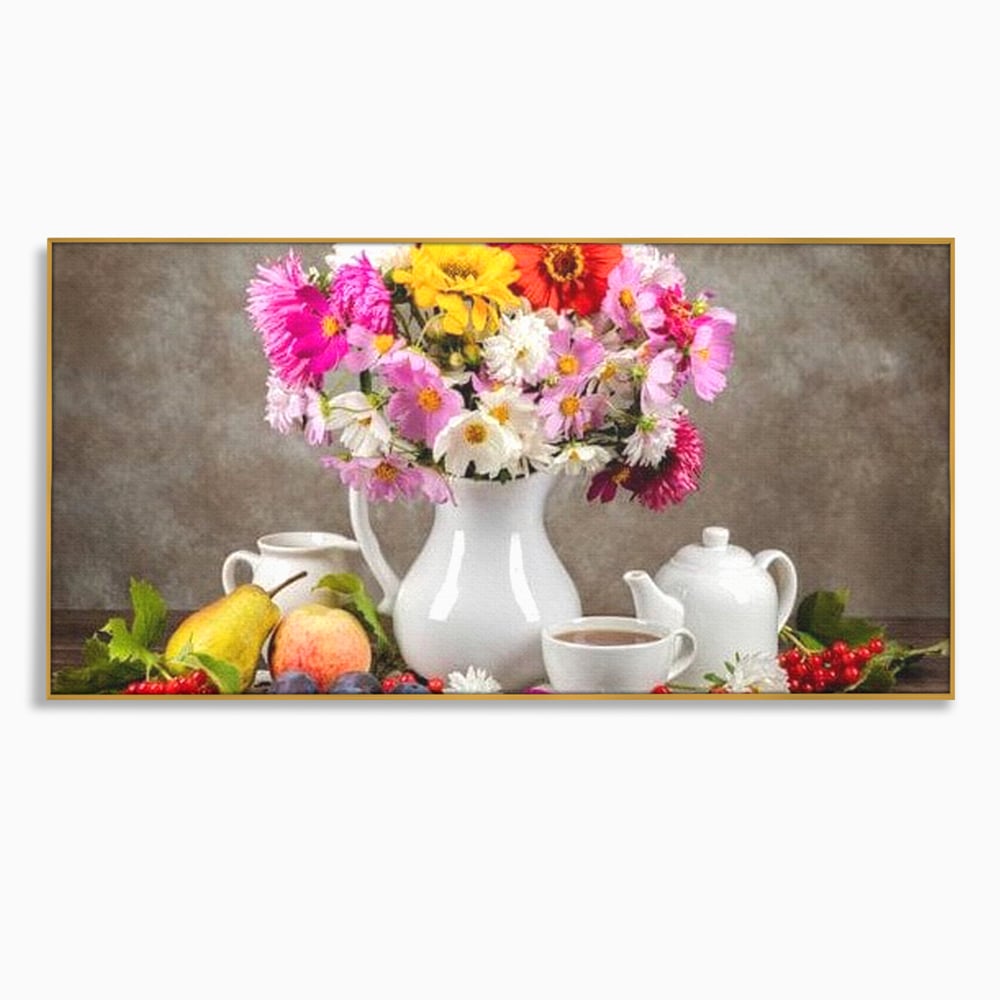 Tablou Canvas Premium, LuxCanva® N1096, Masa cu Parfum Dulce, Buchet, Flori, Vaza, Fructe, Desert, Praline, Ciocolata, Bomboane, Cafea, Espresso, Cafenea, Cofetarie, Restaurant, Bucatarie
