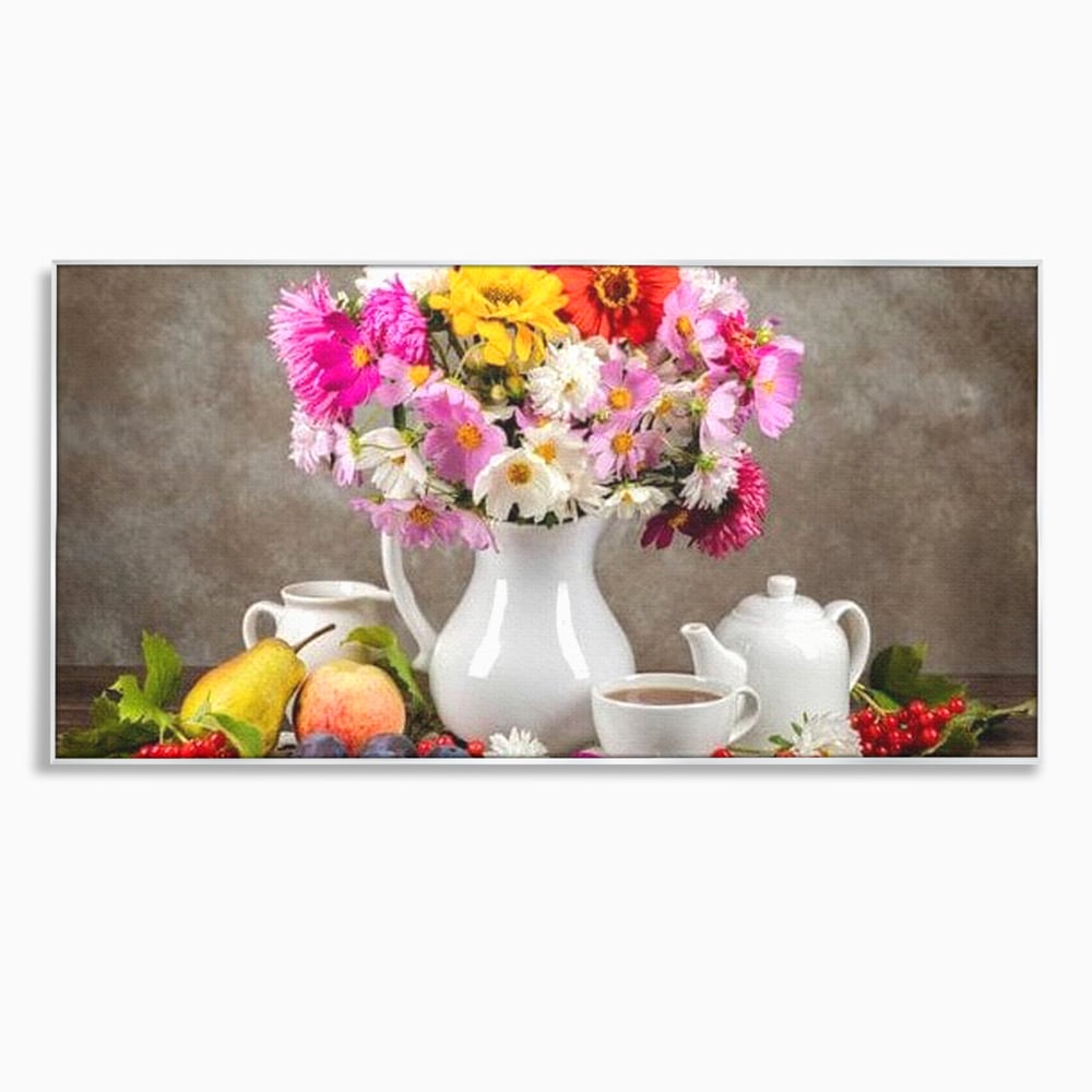 Tablou Canvas Premium, LuxCanva® N1096, Masa cu Parfum Dulce, Buchet, Flori, Vaza, Fructe, Desert, Praline, Ciocolata, Bomboane, Cafea, Espresso, Cafenea, Cofetarie, Restaurant, Bucatarie