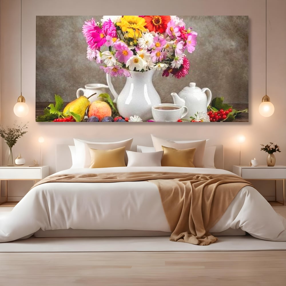 Tablou Canvas Premium, LuxCanva® N1096, Masa cu Parfum Dulce, Buchet, Flori, Vaza, Fructe, Desert, Praline, Ciocolata, Bomboane, Cafea, Espresso, Cafenea, Cofetarie, Restaurant, Bucatarie