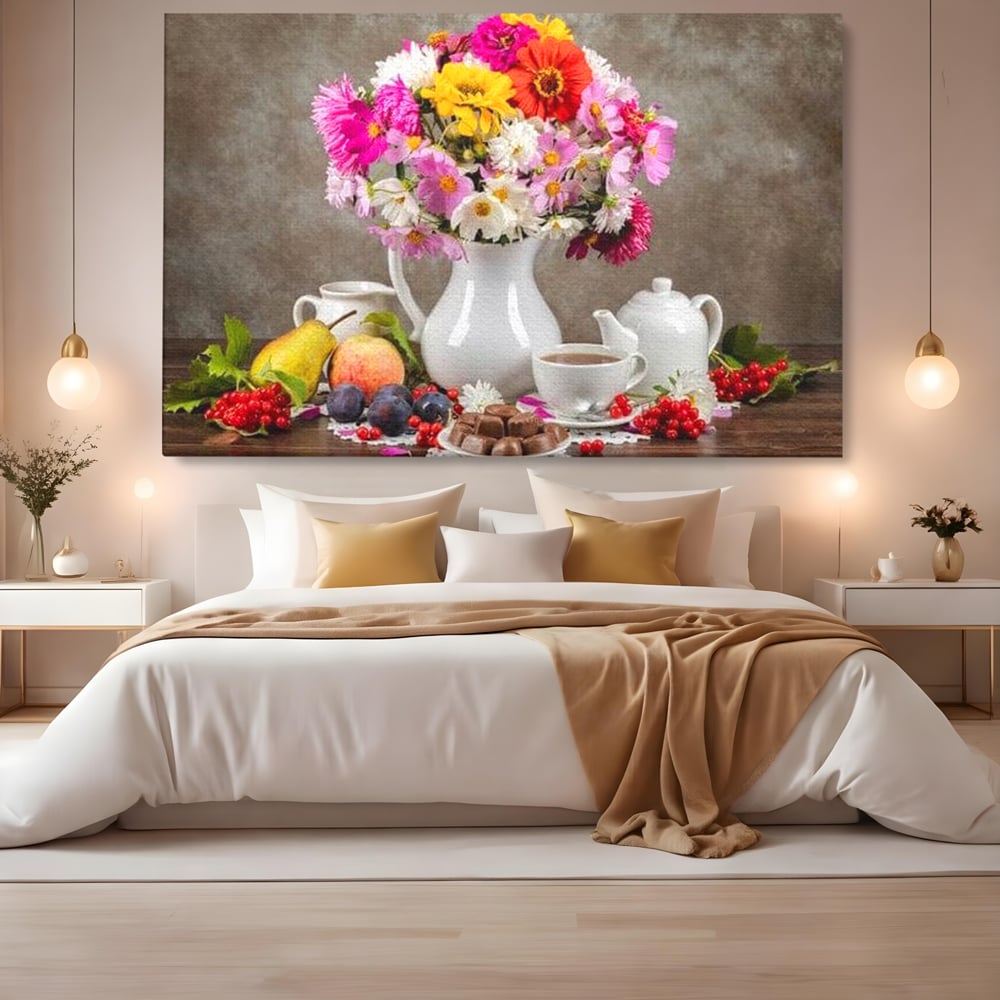 Tablou Canvas Premium, LuxCanva® N1096, Masa cu Parfum Dulce, Buchet, Flori, Vaza, Fructe, Desert, Praline, Ciocolata, Bomboane, Cafea, Espresso, Cafenea, Cofetarie, Restaurant, Bucatarie
