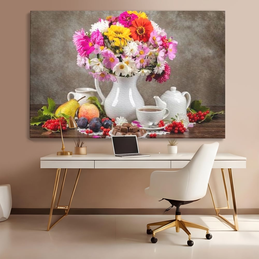 Tablou Canvas Premium, LuxCanva® N1096, Masa cu Parfum Dulce, Buchet, Flori, Vaza, Fructe, Desert, Praline, Ciocolata, Bomboane, Cafea, Espresso, Cafenea, Cofetarie, Restaurant, Bucatarie