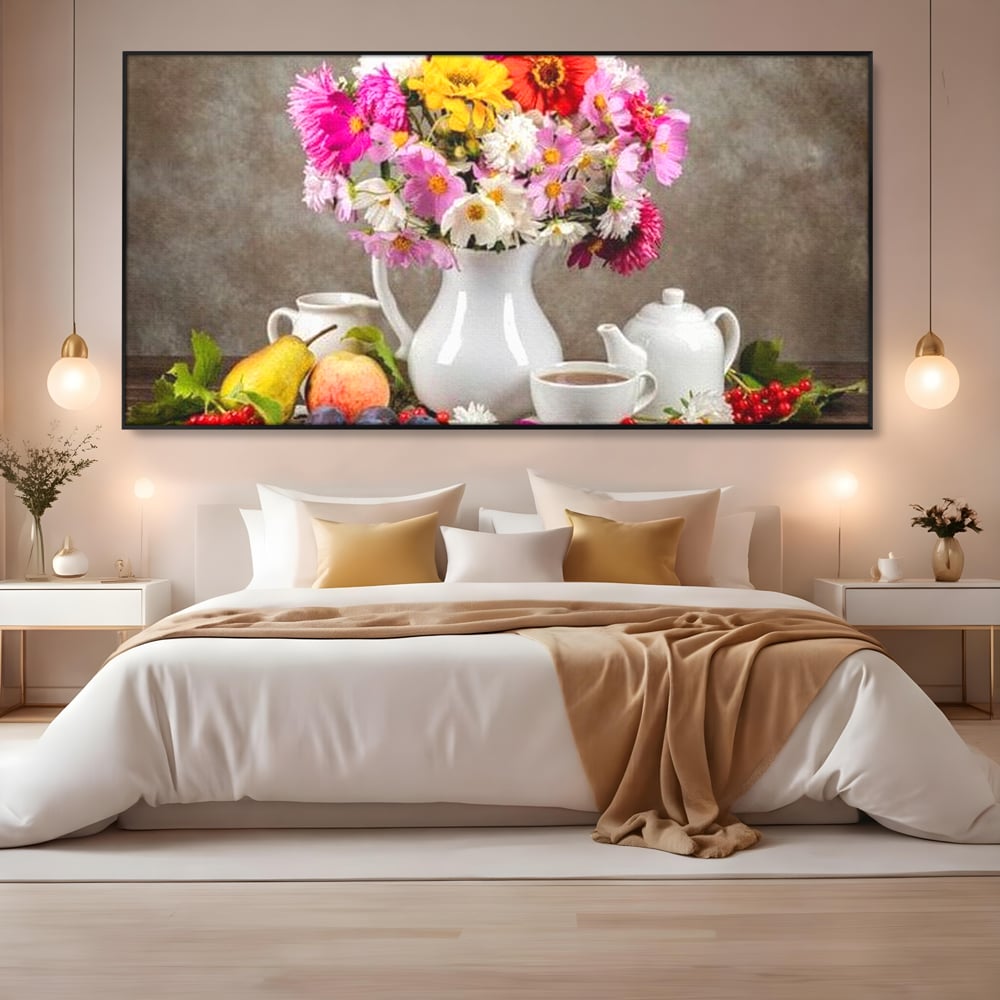 Tablou Canvas Premium, LuxCanva® N1096, Masa cu Parfum Dulce, Buchet, Flori, Vaza, Fructe, Desert, Praline, Ciocolata, Bomboane, Cafea, Espresso, Cafenea, Cofetarie, Restaurant, Bucatarie