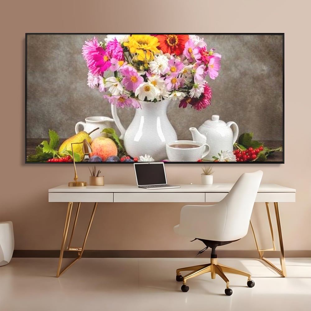 Tablou Canvas Premium, LuxCanva® N1096, Masa cu Parfum Dulce, Buchet, Flori, Vaza, Fructe, Desert, Praline, Ciocolata, Bomboane, Cafea, Espresso, Cafenea, Cofetarie, Restaurant, Bucatarie