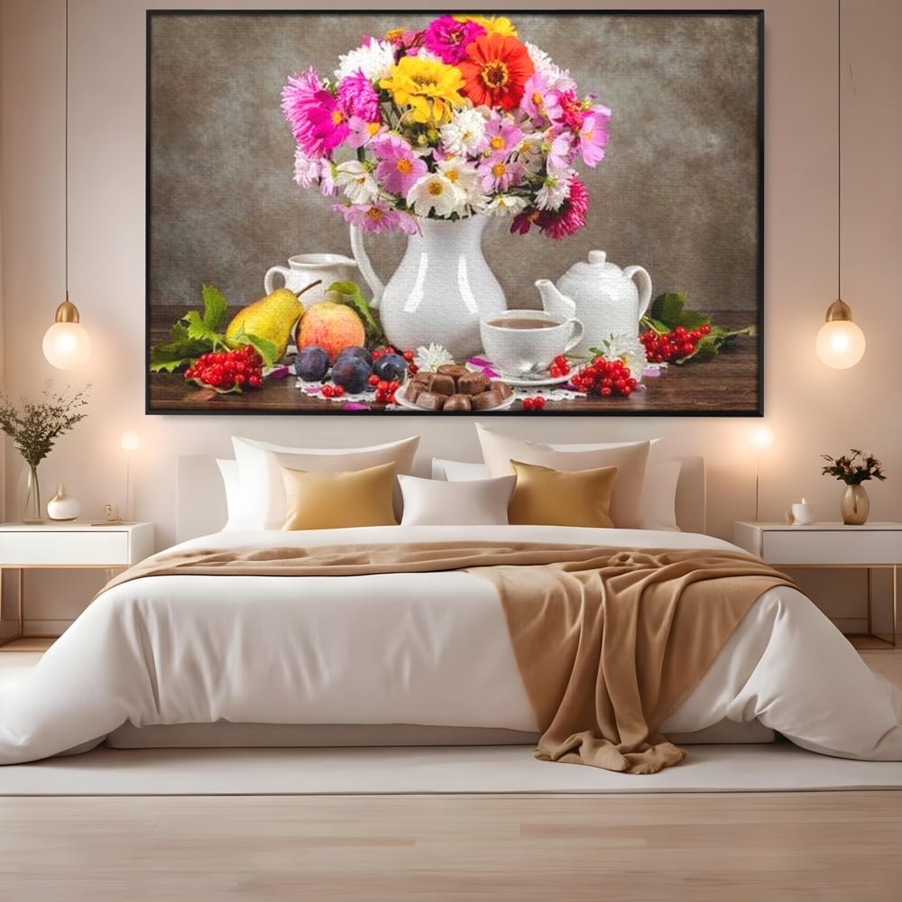 Tablou Canvas Premium, LuxCanva® N1096, Masa cu Parfum Dulce, Buchet, Flori, Vaza, Fructe, Desert, Praline, Ciocolata, Bomboane, Cafea, Espresso, Cafenea, Cofetarie, Restaurant, Bucatarie