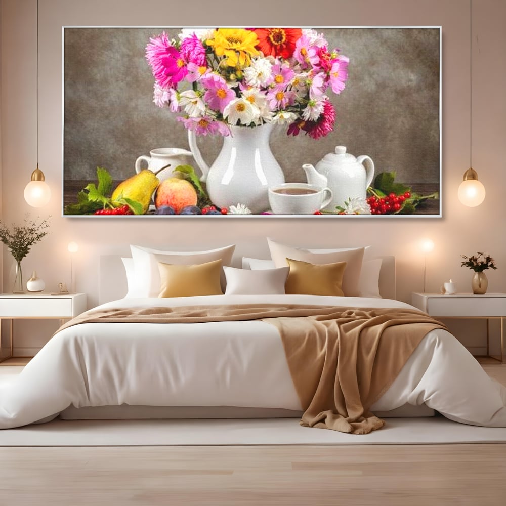 Tablou Canvas Premium, LuxCanva® N1096, Masa cu Parfum Dulce, Buchet, Flori, Vaza, Fructe, Desert, Praline, Ciocolata, Bomboane, Cafea, Espresso, Cafenea, Cofetarie, Restaurant, Bucatarie