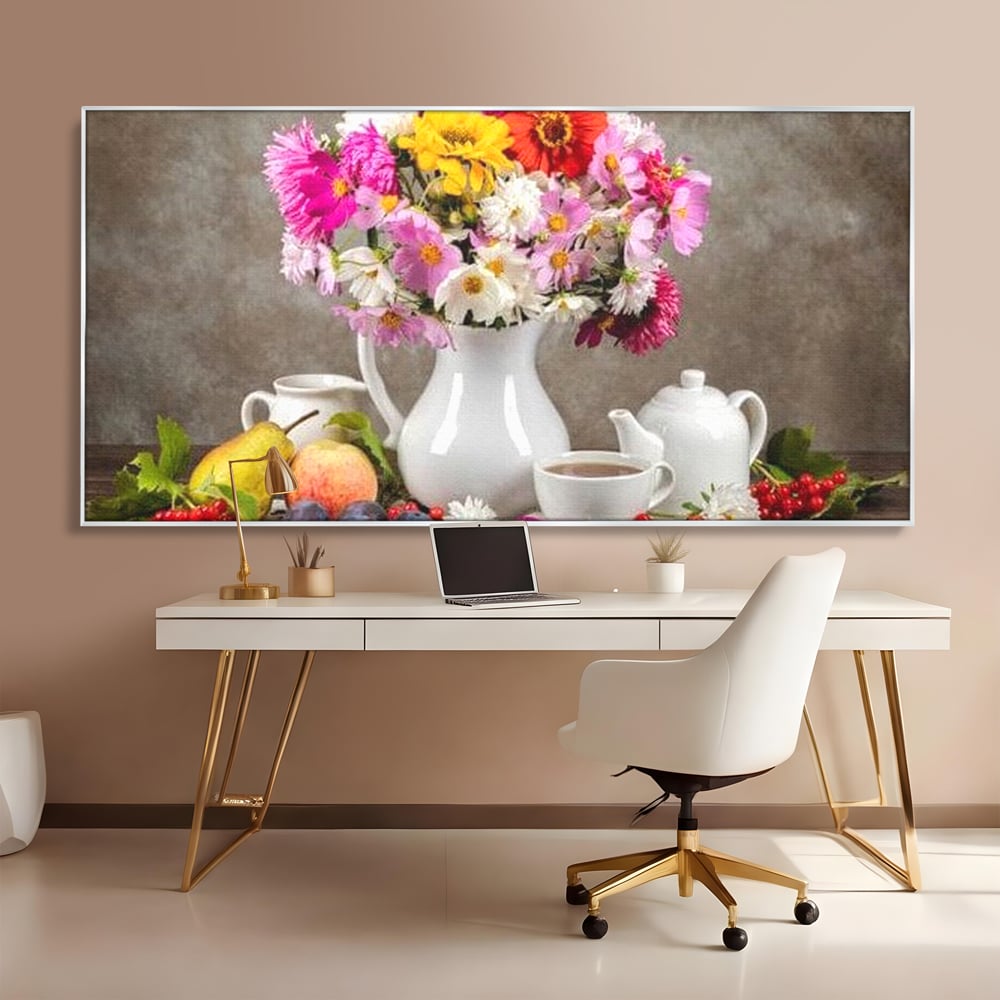 Tablou Canvas Premium, LuxCanva® N1096, Masa cu Parfum Dulce, Buchet, Flori, Vaza, Fructe, Desert, Praline, Ciocolata, Bomboane, Cafea, Espresso, Cafenea, Cofetarie, Restaurant, Bucatarie
